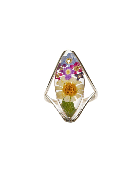 Marquise Sterling Silver Statement Ring - Daisy with Mixed Flowers