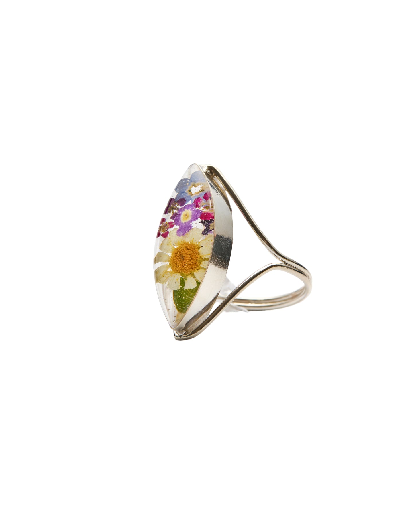 Marquise Sterling Silver Statement Ring - Daisy with Mixed Flowers