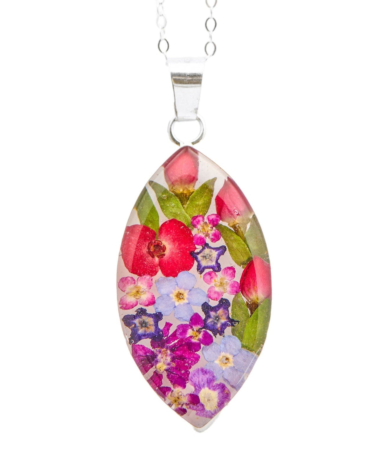 Large Marquise Mixed Flowers with Rosebud Necklace