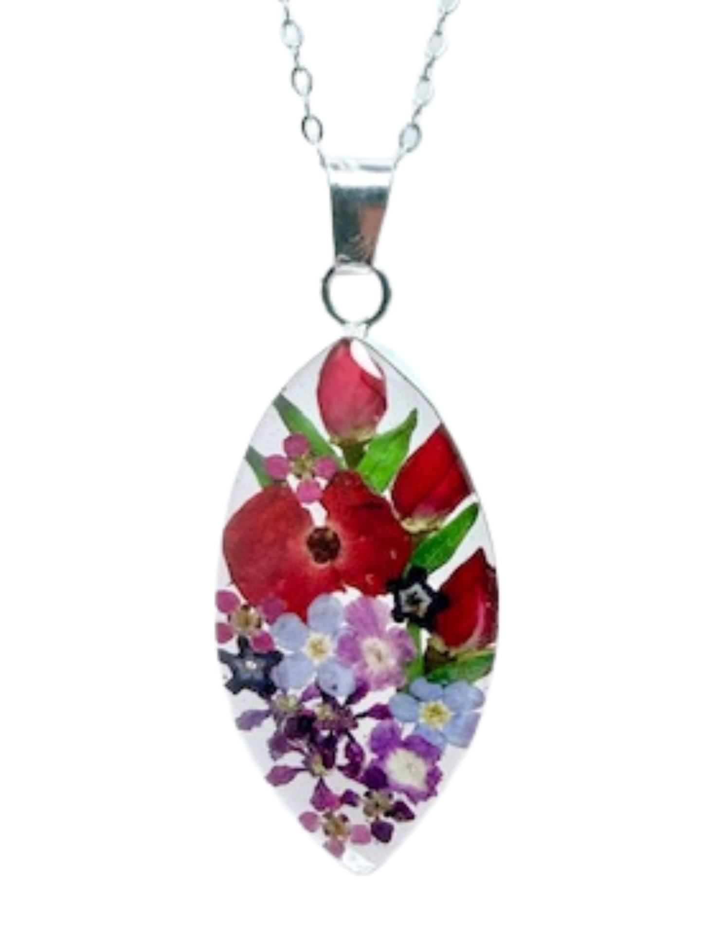 Large Marquise Pendant with Rosebud and Mixed Flowers