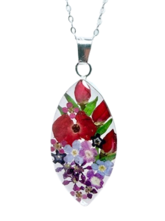 Large Marquise Pendant with Rosebud and Mixed Flowers