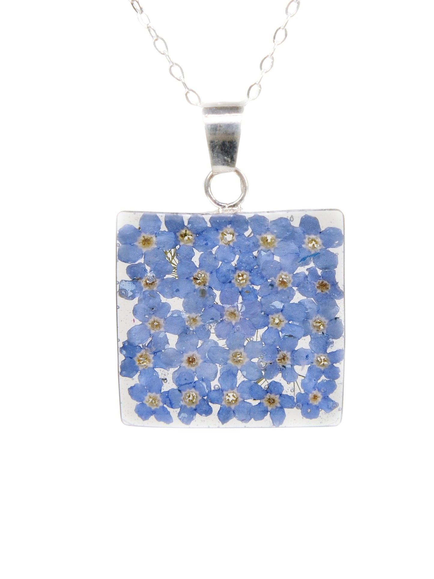 Large Square Necklace Forget Me Not Flower