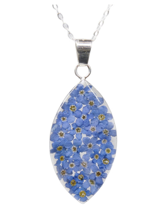 Large Marquise Shaped Forget me Not Flower Necklace