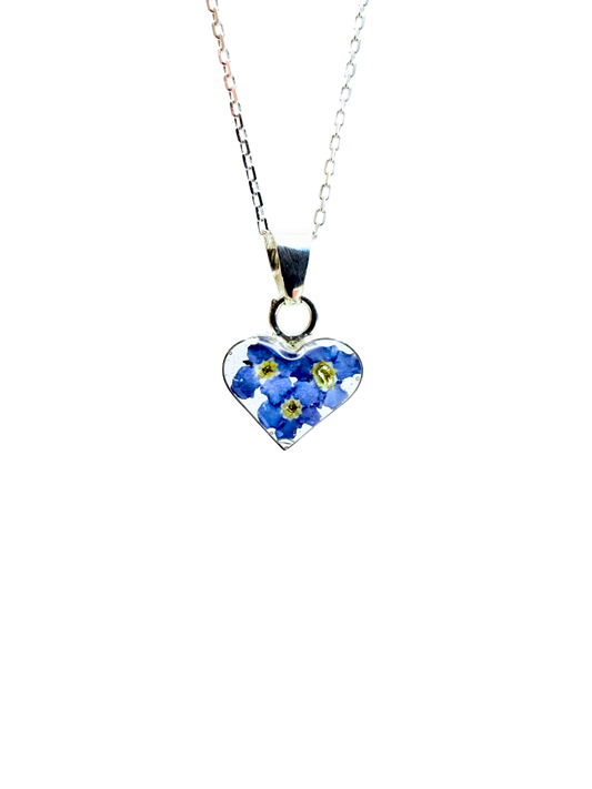 Tiny Sterling Silver Heart Pendant with Forget Me Nots