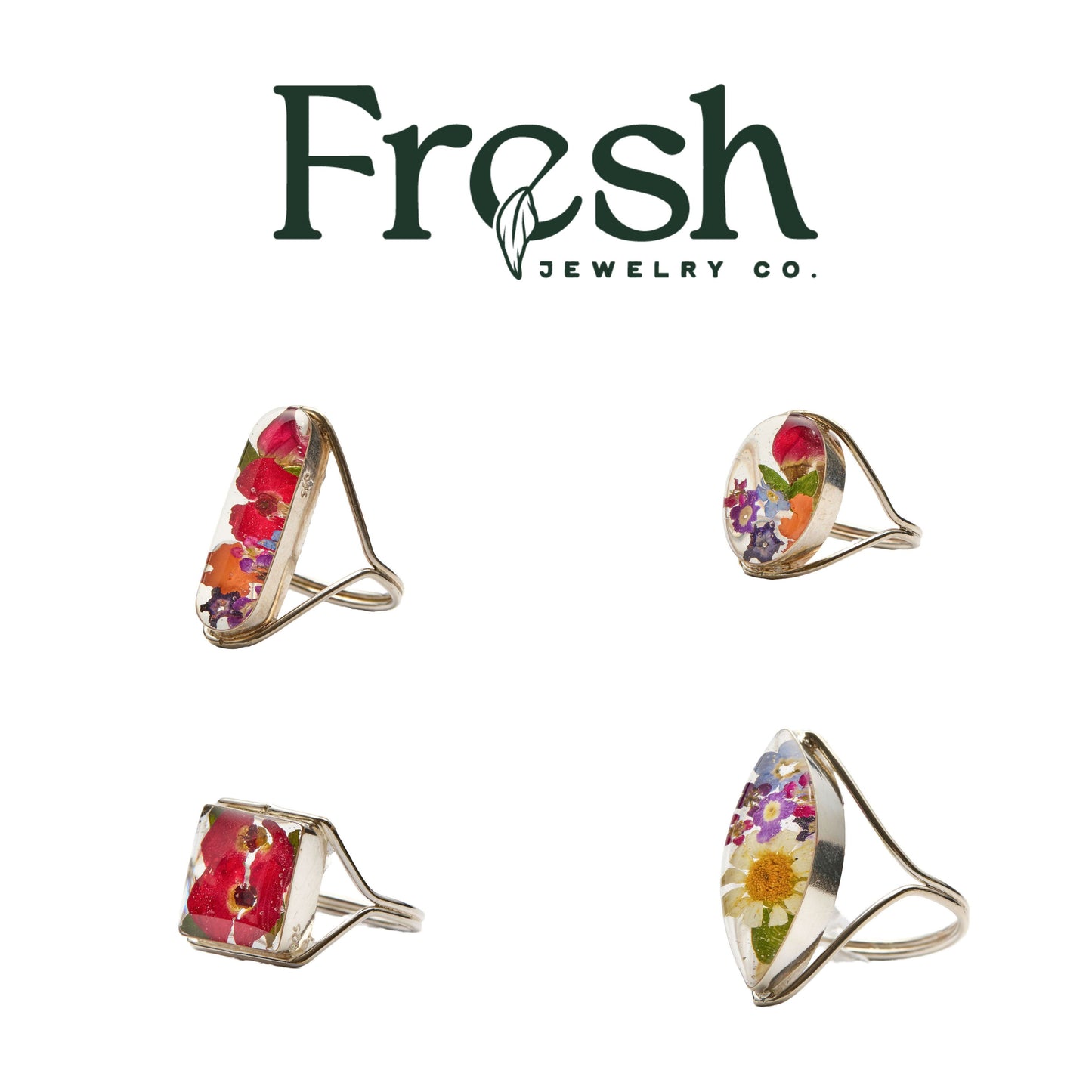 Marquise Sterling Silver Statement Ring - Daisy with Mixed Flowers