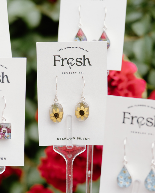 Oval Earrings with Real Sunflower